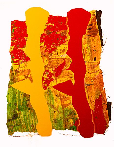 Twee abstracte figuren in rood en geel van Klaus Heidecker