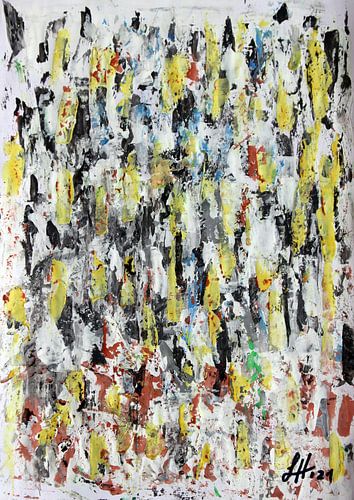 Gele en zwarte verticale kleurstippen op een grijswitte achtergrond