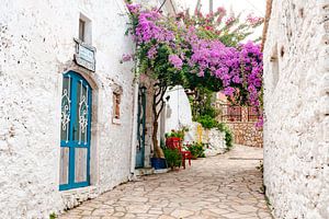 Süße Gasse in Korfu mit Blauen Fenstern von Leo Schindzielorz