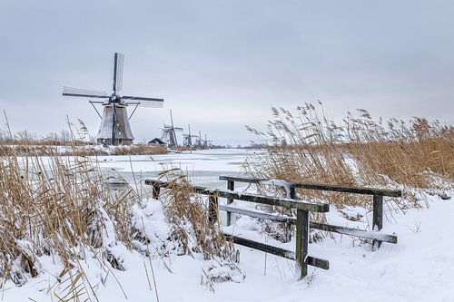 Molens werelderfgoed Kinderdijk in de sneeuw van Mark den Boer