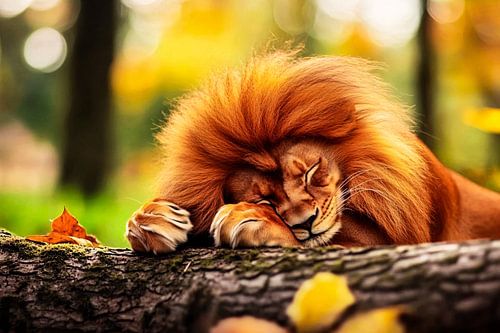 Slapende leeuw in herfstlandschap