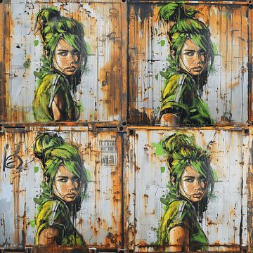 Portret jonge vrouw groen haar roestig oppervlak stedelijke van gm_designs