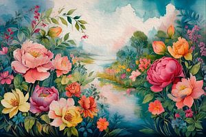 Romantische Flusslandschaft mit einer Fülle farbenprächtiger Blumen