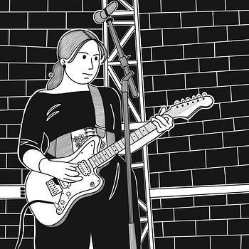 Illustration en noir et blanc d'une musicienne jouant de la guitare électrique sur scène.