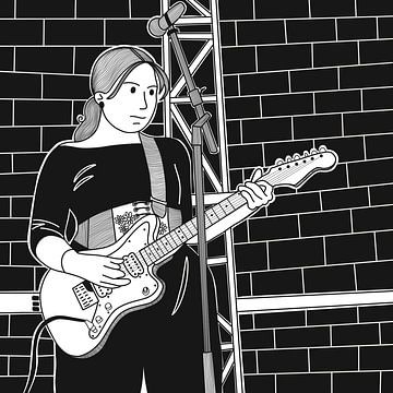 Zwart-wit illustratie van vrouwelijke muzikant die elektrische gitaar speelt op het podium. van riz_studio
