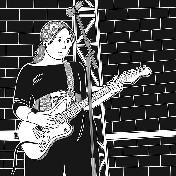 Schwarz-Weiß-Illustration einer Musikerin, die auf der Bühne E-Gitarre spielt. von riz_studio
