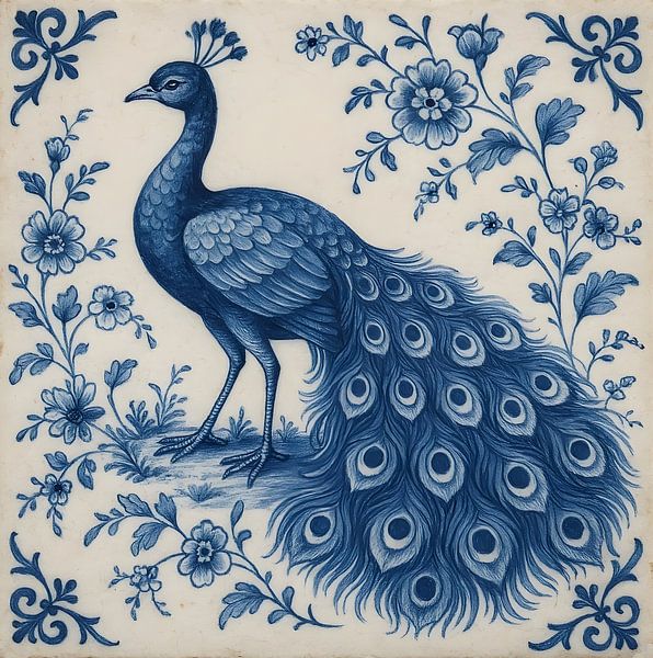 Delfter Blau Fliese Pfau von FoXo Art