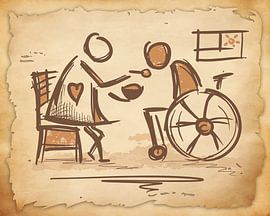 Verzorger & persoon in rolstoel. Vintage schetskunst. Ouderenzorg / verpleging.