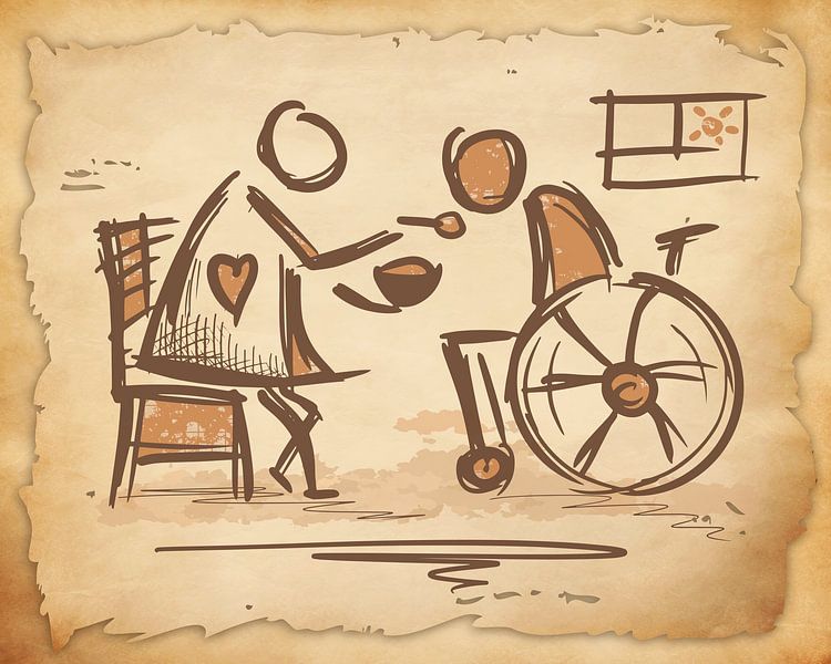 Pflegerin &amp; Person im Rollstuhl. Vintage Skizzen-Kunst. Altenpflege / Krankenpflege. von SergeivoArt