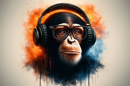 Chimpansee met koptelefoon in kleurexplosie