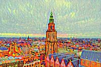 Kleurrijk Schilderij Groningen Skyline met Martinitoren vanaf Forum Gr