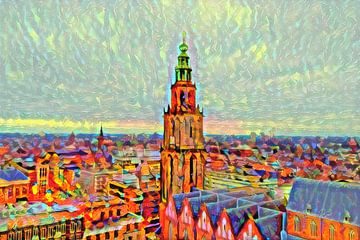Colourful Painting Groningen Skyline with Martini Tower from Forum Groningen by Slimme Kunst.nl