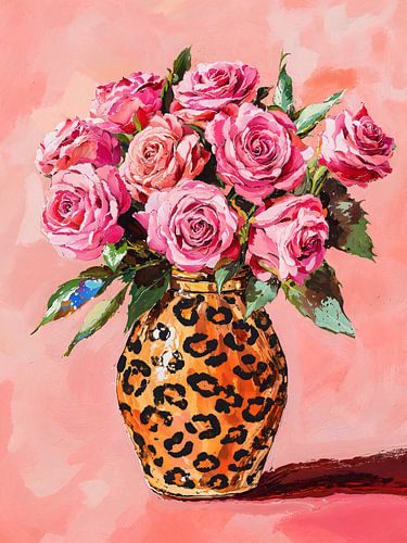Vibrant pink roses in leopard vase painting