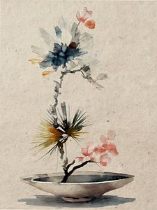 Minimalistisches Japandi-Ikebana mit blauen und rosa Blüten