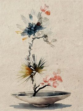 Ikebana minimaliste Japandi avec des fleurs bleues et roses sur Studio Pieternel