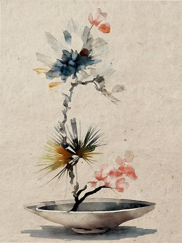 Ikebana minimaliste Japandi avec des fleurs bleues et roses