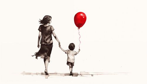 Jongen en mama met ballon schets panorama