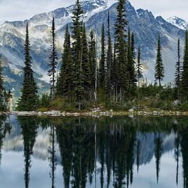 Staande reflectie van berg en bomen in Canadees meer van Milou Mouchart