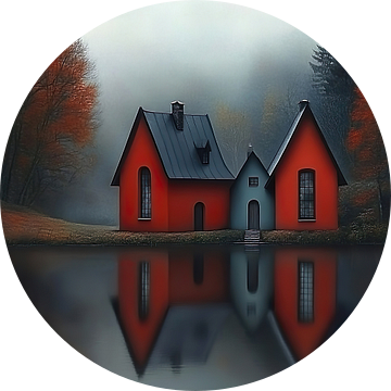 Reflectie van huisjes aan de oever van een meer