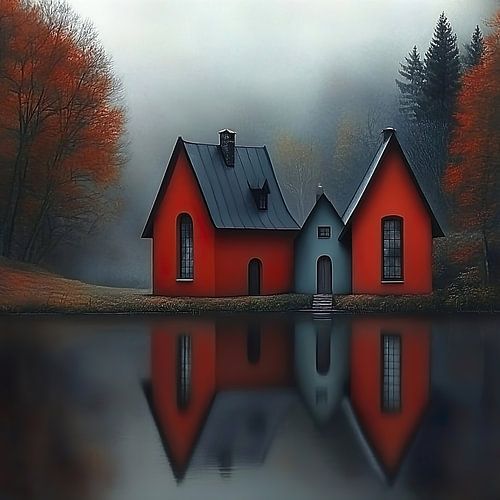 Reflectie van huisjes aan de oever van een meer