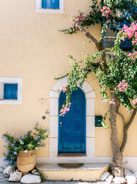 Geel huis met blauwe deur op Kefalonia van Marit Hilarius