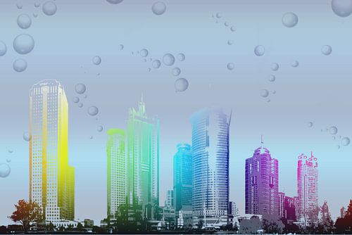 Skyline in rainbow colors, digital processing
