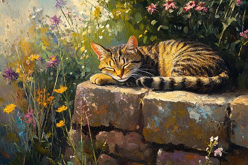 Slapende kat in bloementuin