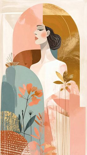 Compositie van zacht roze goud lichtblauw creme en bruin