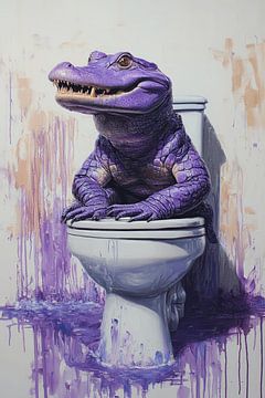 Alligator Op Toilet in Speelse Abstracte Street-Art Stijl van Eva Lee
