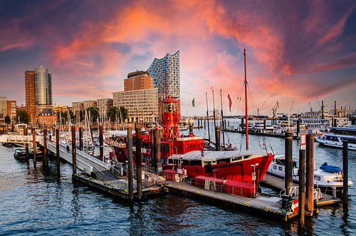 Port of Hamburg with lightship and Elbphilharmonie by Dieter Walther