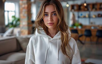 Vrouw met capuchon op kantoor van de-nue-pic