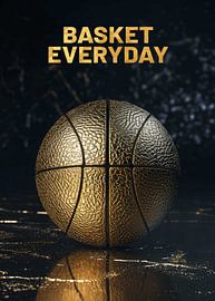 Gouden basketbal met een gestructureerd oppervlak op een reflecterende donkere marmeren vloer van Morgan