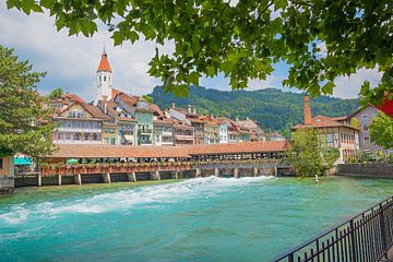 pictorial historic old town thun and wooden dam bridge Aare river by SusaZoom