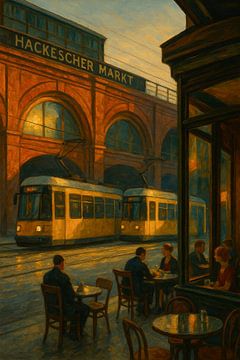 Tramways de Hackescher Markt : Scène de café en lumière orange sur Travel Shop
