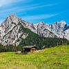 Blick auf die Litzlalm mit Hütte in den Alpen in Österreich von Rico Ködder