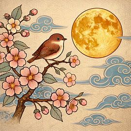 Moonflower in Balance - japandi bird art with golden moon by Kleurenrijk