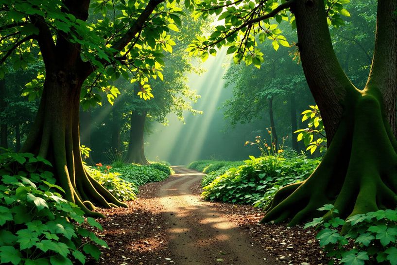 Forest Path with Sunbeams and Lush Vegetation by Markus Gann