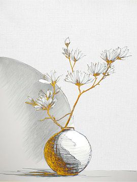 Minimalistisch Japandi stilleven:  Bloesem op gouden vaas van Studio Pieternel