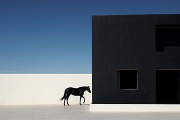 Jeu d'ombres élégant : Cheval noir profond dans une dimension blanche sur Karina Brouwer