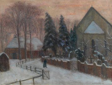 Winterabend, Fischerhuder Kirche mit Heimathaus, Otto Modersohn
