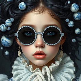 A portrait girl delft blue lace collar old master new style. by J.a Dijkstra