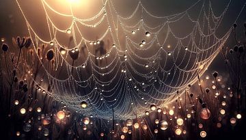 Ochtenddauw op een spinnenweb tegen het licht van artefacti