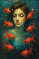 Belle femme avec un poisson rouge en peinture