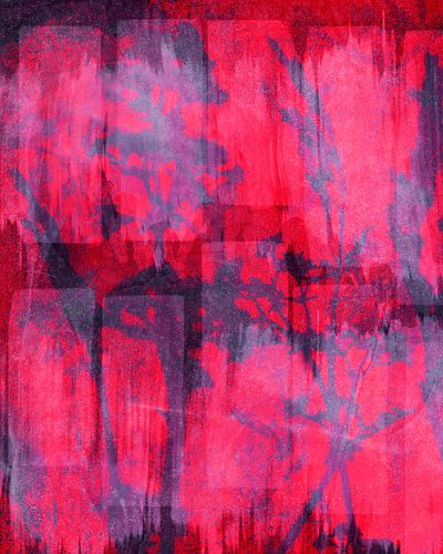 Modern abstract botanisch. Paarse bloemen op neon rood en roze