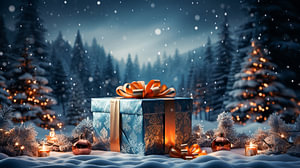 Weihnachtsbaum mit Weihnachtsgeschenkbox im Schnee