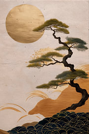 Japandi-Kunst: Goldene japanische Sonne und stilisierte Kiefer