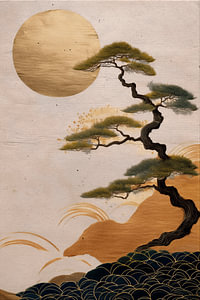 Japandi-Kunst: Goldene japanische Sonne und stilisierte Kiefer