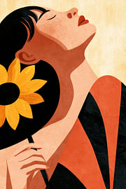 Modernes, minimalistisches Porträt einer Frau mit Sonnenblume im Boho-Stil