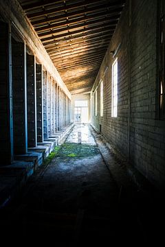 Verlaten fabrieksgebouw in het lichtspel van verval van InfiniteArtLabs