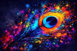 The Eye of the Peacock – Abstract peacock feather wall art in vibrant neon colours by ButterflyPix